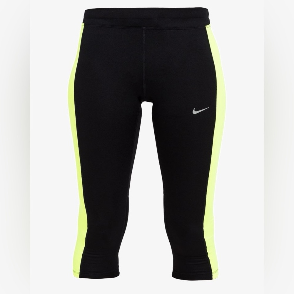 Nike Dri-Fit Essential Running Black Neon Green 3/4 Length Capri Leggings Tights